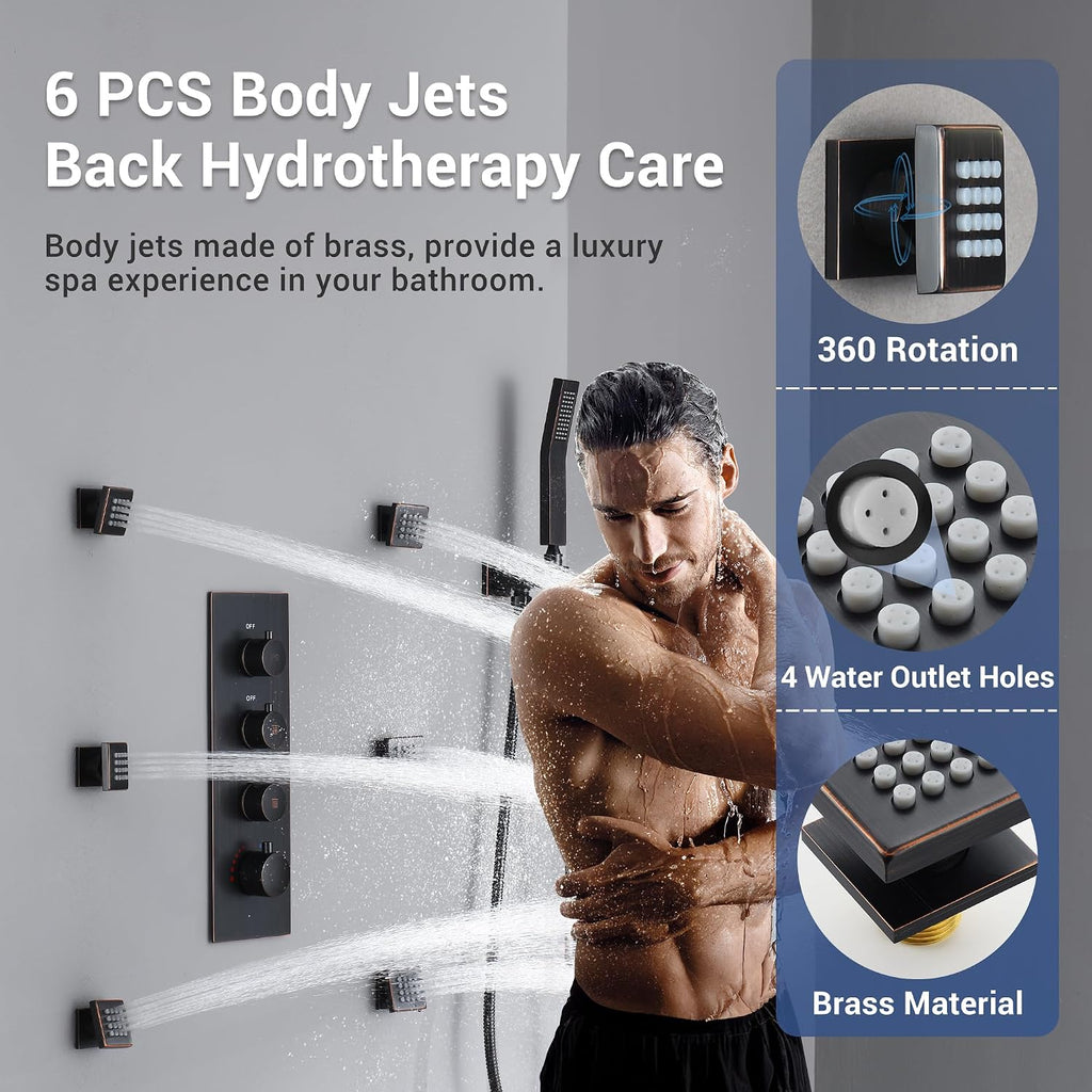 Thermostatic Shower System with 6 Body Jets & 16-Inch Ceiling Rainfall Shower Head, Oil Rubbed Bronze Luxury Full Body Shower Faucet with Handheld Sprayer, Shower Fixtures Set with Valve