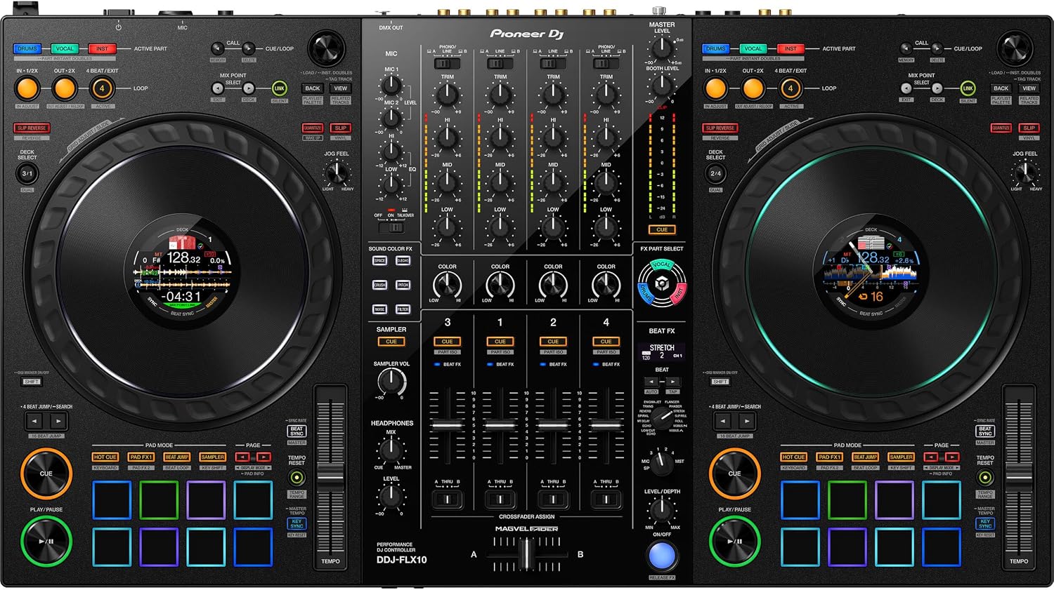 Pioneer DDJ-FLX10 4-Deck DJ Controller Bundle with StreamEye Cans50, On-Stage LPT5000 Laptop Stand, Decksaver Cover and DJ Cables | Rekordbox + Serato DJ Pro | Complete DJ Setup with Stem Separation