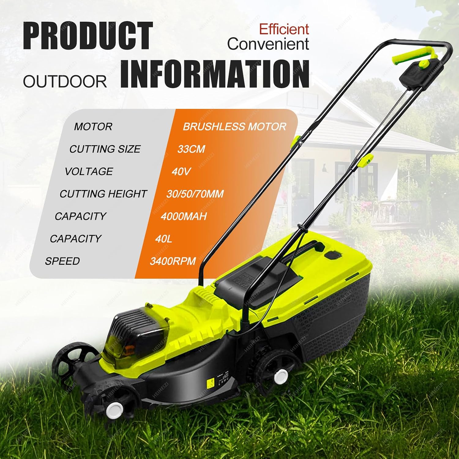 Cordless Push Lawn Mower with 10.6bal Grass Box, 40V Battery Powered Grass Cutting Machine, 30mm/50mm/70mm-Adjustable Cutting Heights, 4000mAh Battery, for Backyard Gardens, Lawns,4 batteries