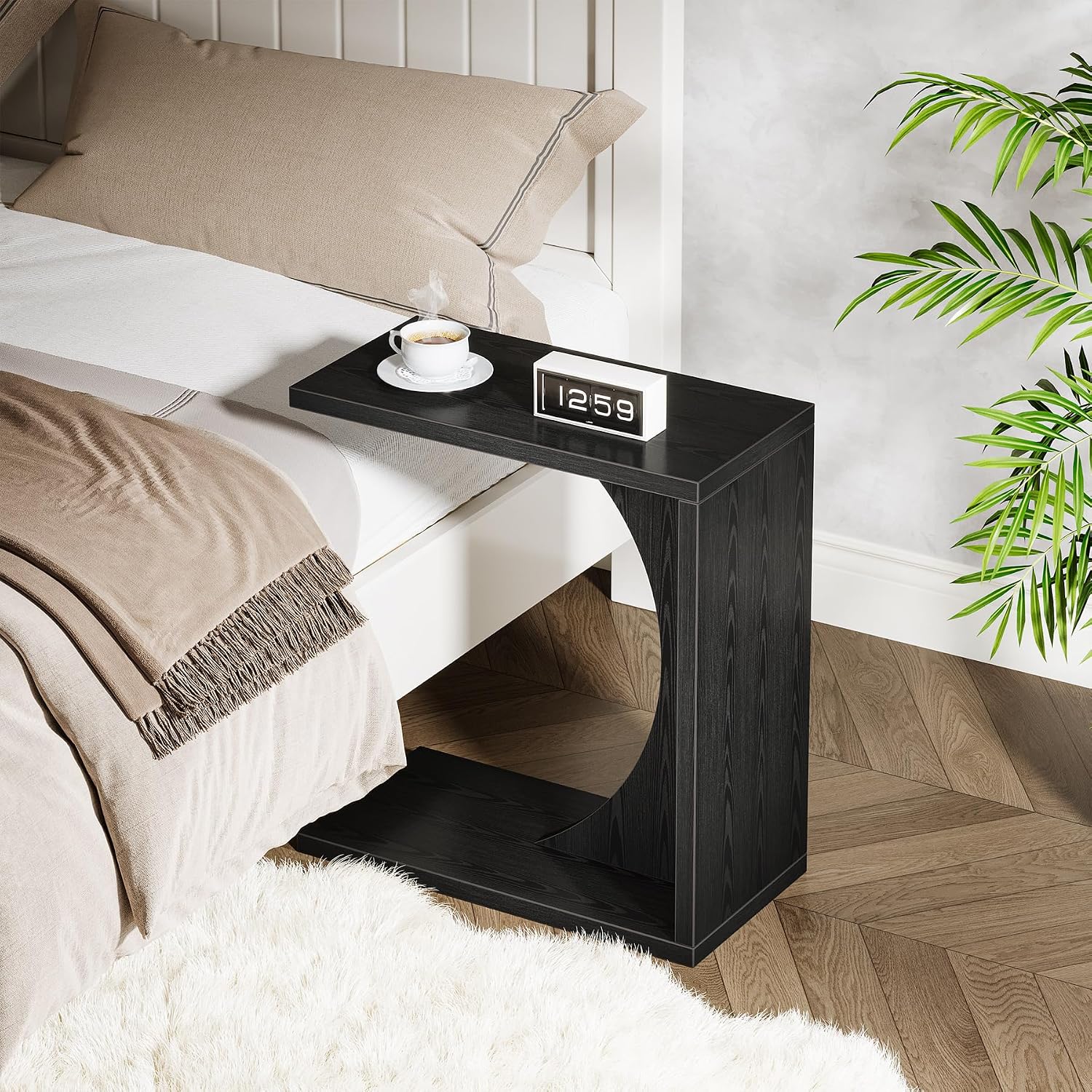 Tribesigns Set of 2 C-Shaped End Table for Couch, Small Bedside Table for Sofa, Wooden Nightstand for Living Room Bedroom Laptop Work Desk (2, Black)