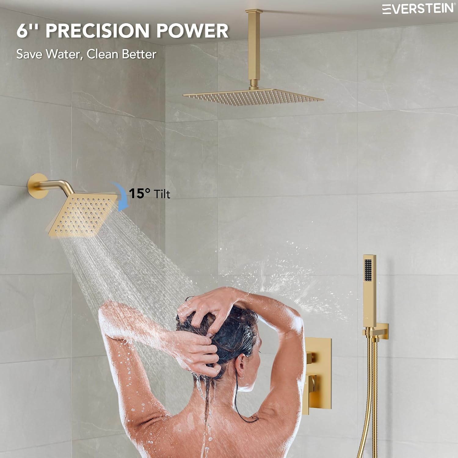 10' High-Pressure Rainfall Shower Faucet, Celling Mount Dual Shower Head System, Brushed Gold
