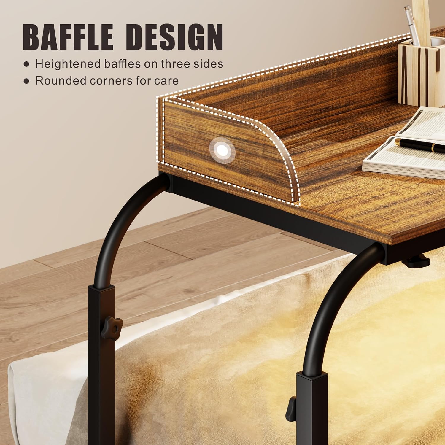 HWB Overbed Desk with Charging Station-Over Bed Table-Adjustable Length/Height with Wheels - Human Sensor LED Light Mobile Queen Size Bed Table Rolling Tray Table for Eating & Laptops, Brown
