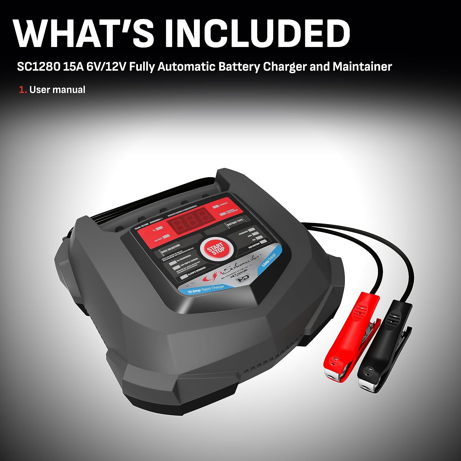Schumacher Electric Car Battery Charger and Maintainer SC1280 4-in-1, 15 Amp, Fully Automatic for 6v and12v Automobile Batteries - Ideal for Motorcycles, Cars, Trucks, SUVs, Marine Batteries, and More