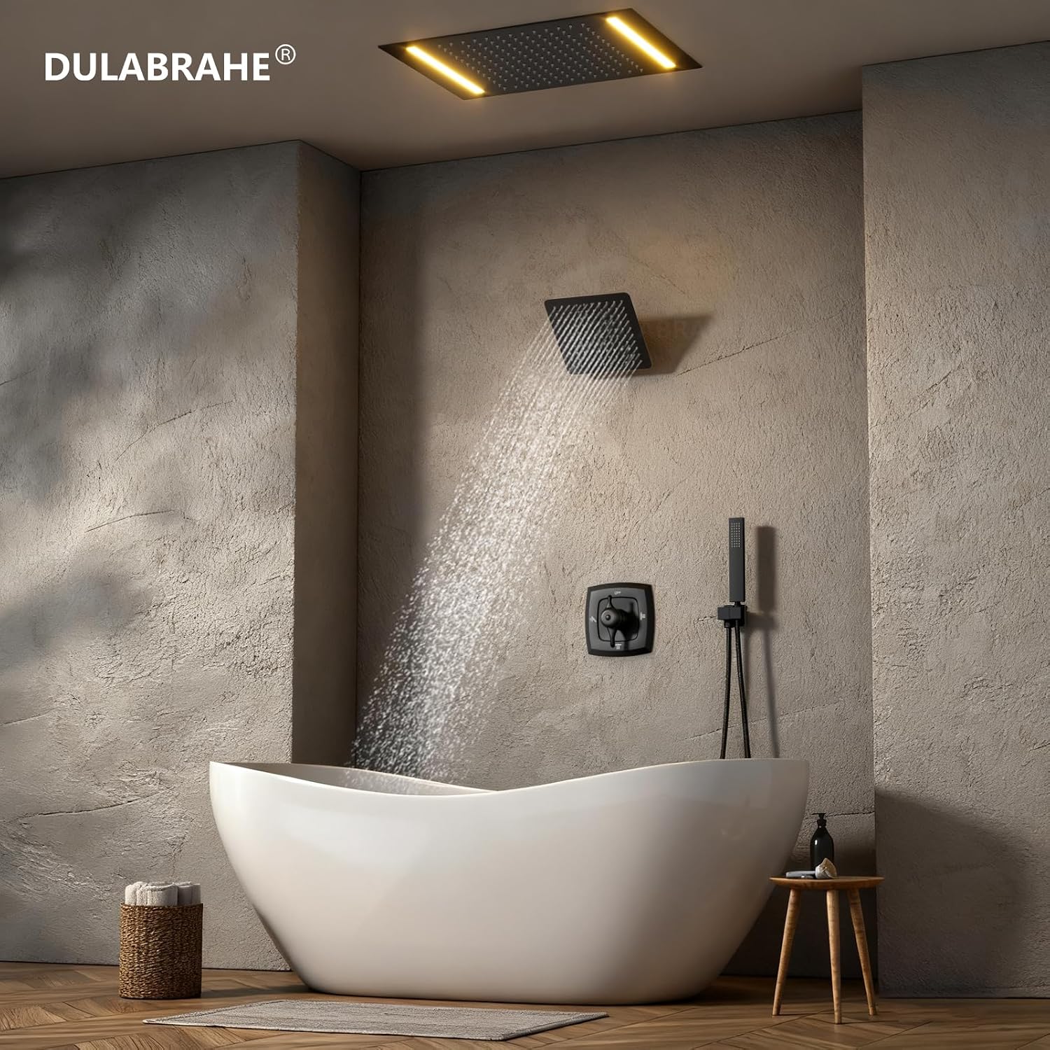 14 X 20 Inch Ceiling LED Rain Shower Head, Dual Rainfall Smart Shower System Set With 8 Inch Wall Head For Two People (Matte Black)