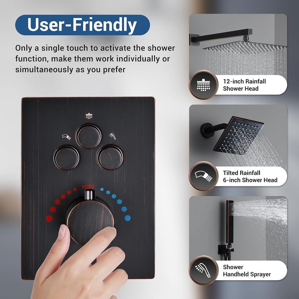 Oil Rubbed Bronze Thermostatic Shower System with Wall Mount 12-Inch Rainfall Shower & 6-Inch High Pressure Shower Head, Dual Shower Heads Set with Handheld Sprayer, Full Shower Faucet Combo