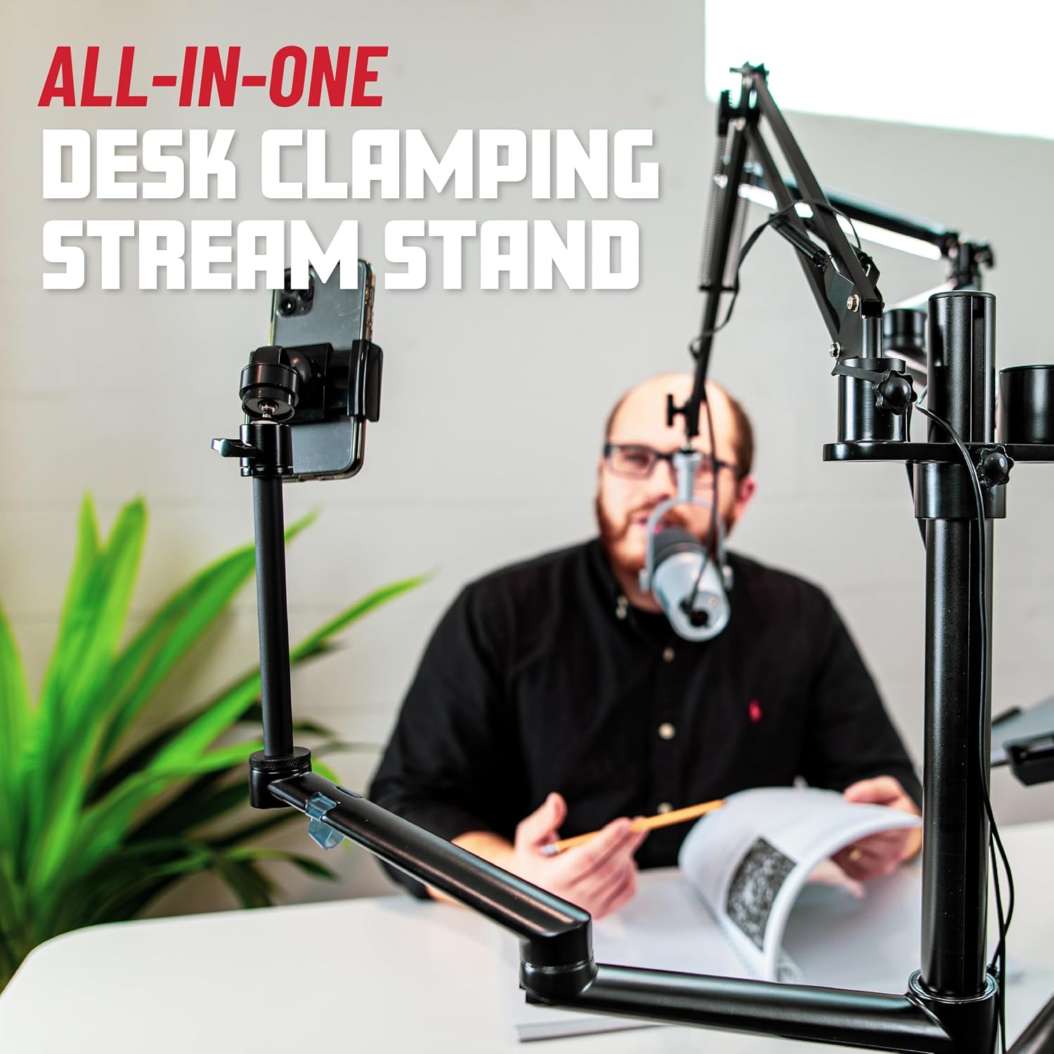 Gator Frameworks 6-in-1 Content Creator and Streaming Desktop Stand Set – Includes Smartphone Clamp, Laptop Clamp, Ring Light, and More! (GFW-STREAMSTAND)