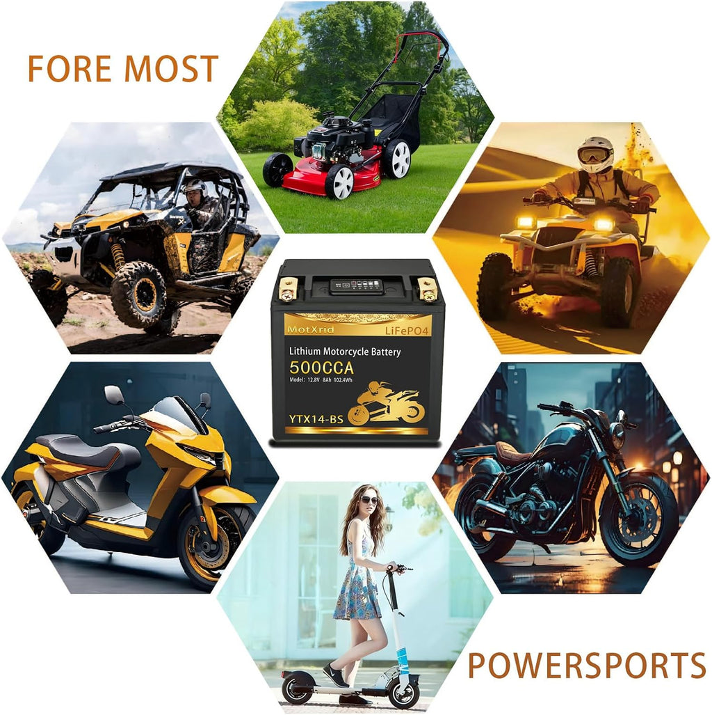 YTX14-BS[+,-]12V 8AH 500CCA Lithium battery LiFePO4 Powersport Start Motorcycle Battery,longevity,lightweight,High cranking,Intelligent BMS,Digital Readout