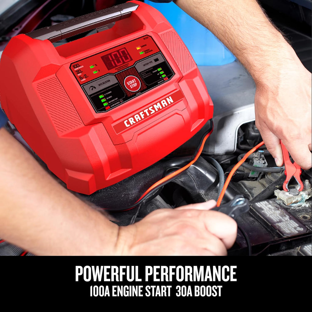 CRAFTSMAN 6A Car Battery Charger and 100A Engine Starter, 6-in-1 Solution, Battery Maintainer, 30A Boost, for 6V/12V Power Sport, Automotive, and Marine Batteries, CMXCESM253