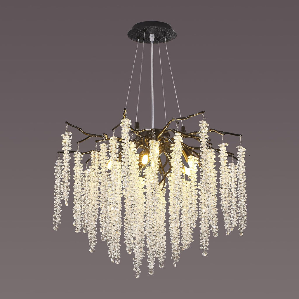 Modern Crystal Tree Branch Chandelier, D31.5'' Black Round Raindrop Indoor Hanging Branch Chandelier Fixture for Dining Room Living Room Bedroom 12 Lights