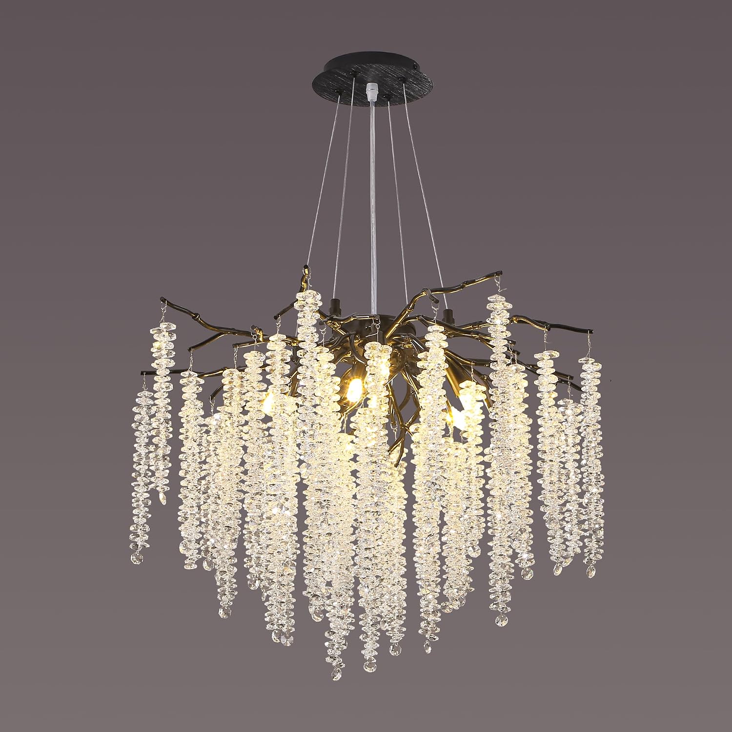 Modern Crystal Tree Branch Chandelier, D31.5'' Black Round Raindrop Indoor Hanging Branch Chandelier Fixture for Dining Room Living Room Bedroom 12 Lights