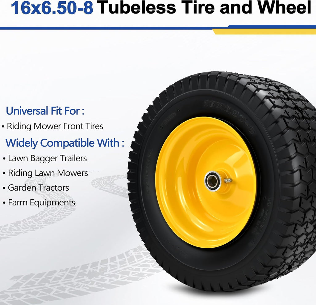 2 Pcs 16x6.50-8 Tubeless Lawn Mower Tire and Wheel, 16x6.5-8 Air-Filled Replacement Tires for Riding Mowers and Lawn Tractors, with 3/4' Bearings & Extra 1' Bushings, 3'-5' Offset Hub, Yellow Rim