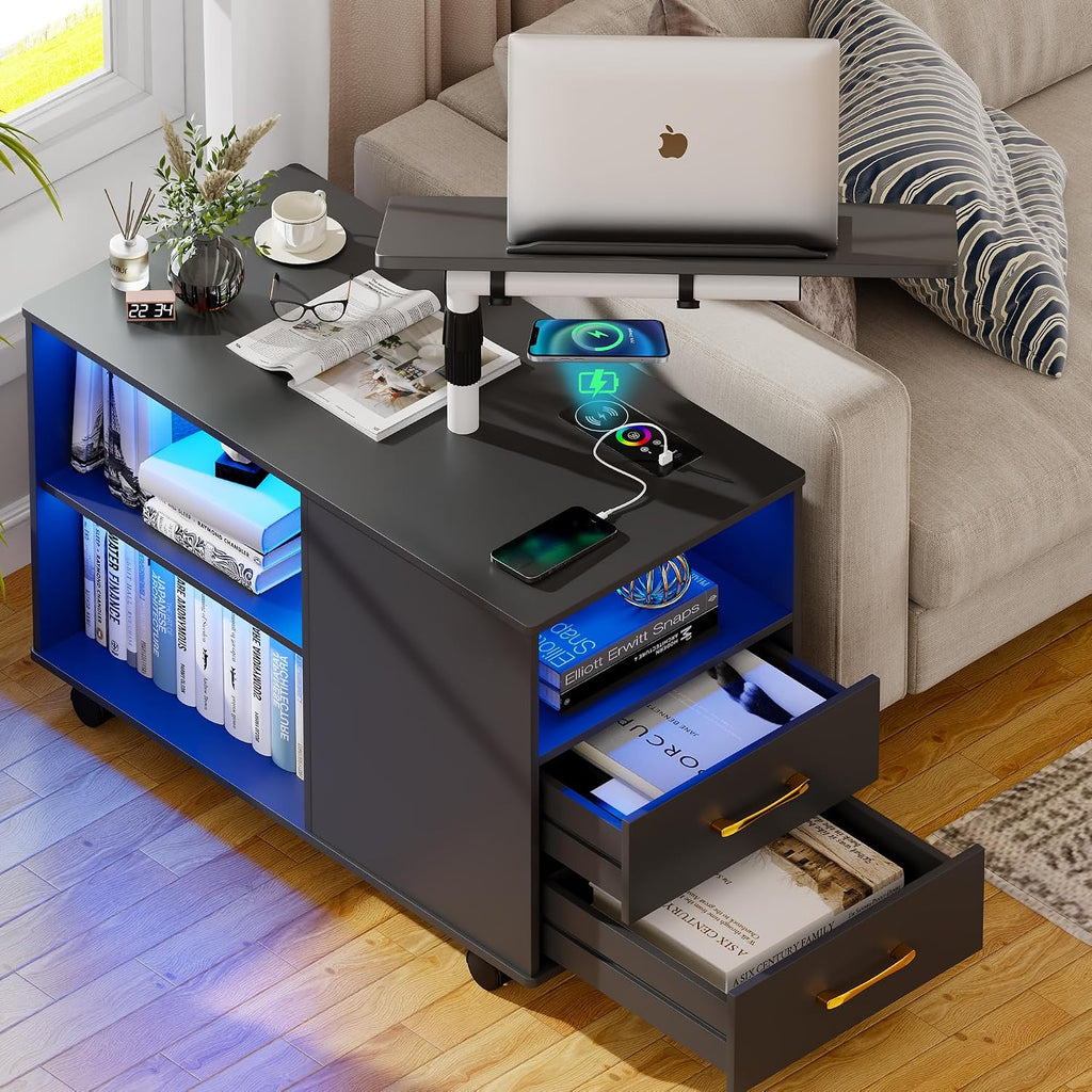 Set of 2 Night Stand with 360° Laptop Tray,Nightstand with Charging Station,Modern Bedside Table with 24-Color Human Sensor Lights,Large End Table w/ 2 Drawers,3 Shelves,5 Wheels,Black