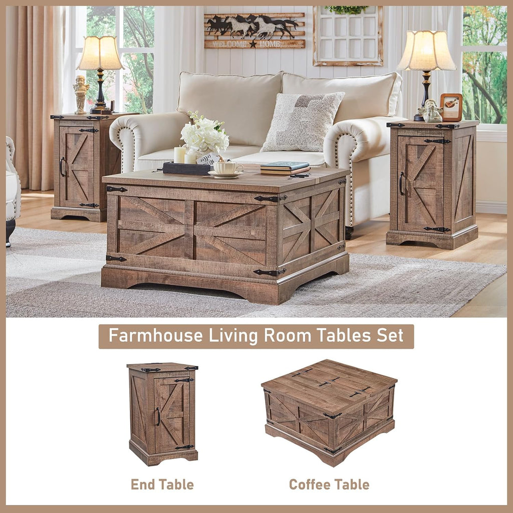 JXQTLINGMU Nightstand with Charging Station, Rectangular Farmhouse End Table with Barn Door and Adjustable Storage Shelf, 17' Deep Wood Rustic Sofa Side Table for Living Room, Bedroom, Light Brown
