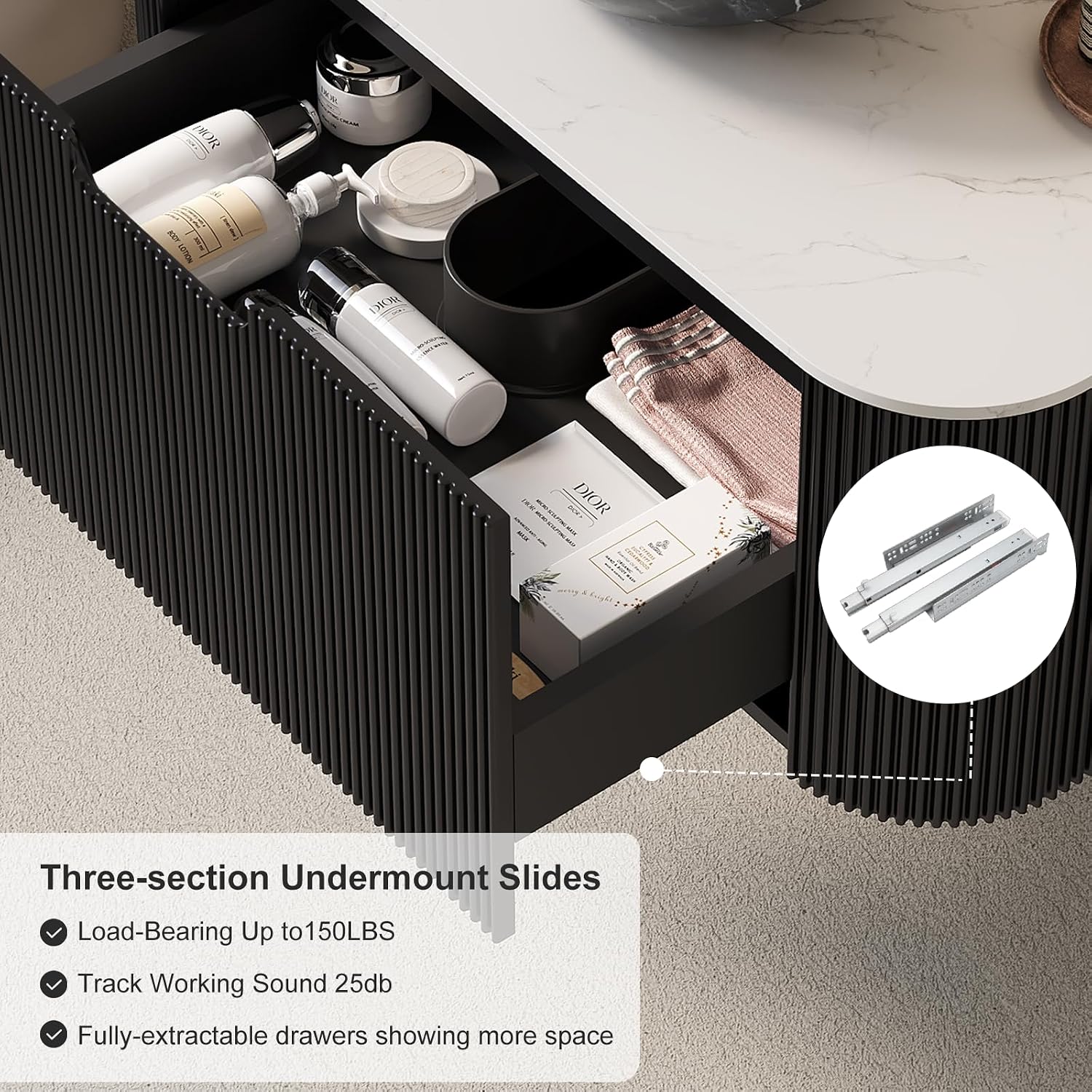 24' Floating Bathroom Vanity with Sink, Modern Bathroom Cabinet with Ultra-Thin Marble Top and Black Ceramic Basin, Bathroom Vanities, Extra Large Storage Drawer, Soft-Close Design, Black