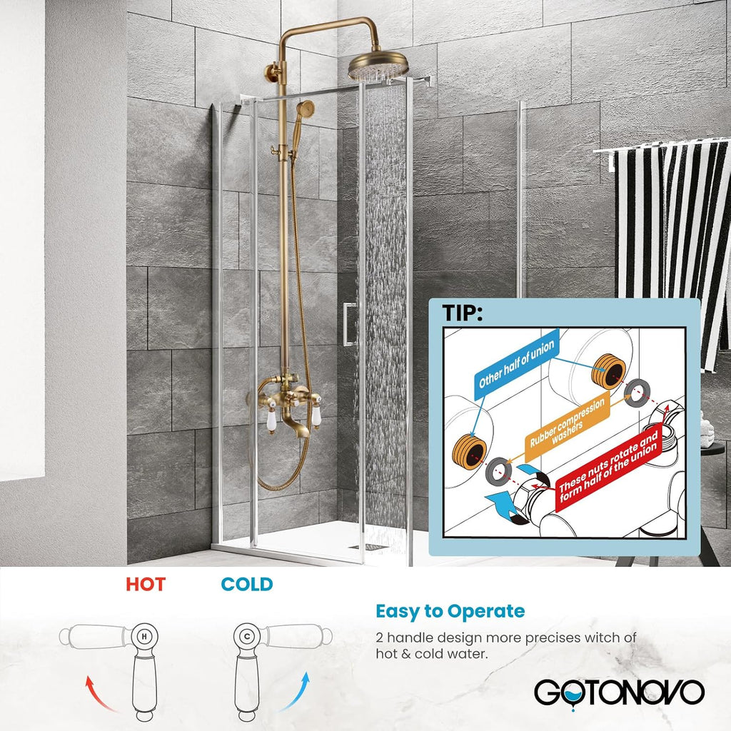 gotonovo Antique Brass Shower Faucet 8-inch Shower Head Fixture with Handheld Spray Double Lever Handle Bathtub Spout Triple Function Bathroom Wall Mount