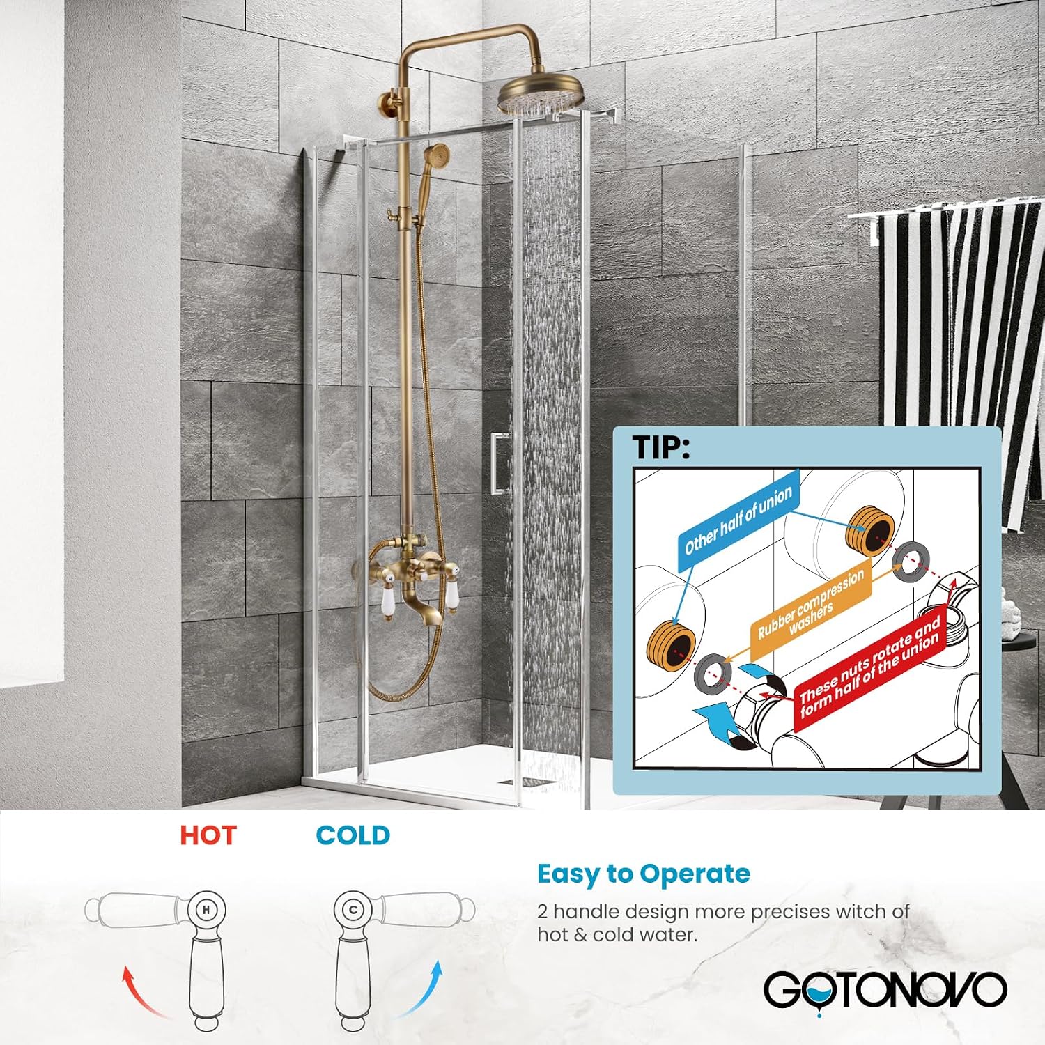 gotonovo Antique Brass Shower Faucet 8-inch Shower Head Fixture with Handheld Spray Double Lever Handle Bathtub Spout Triple Function Bathroom Wall Mount