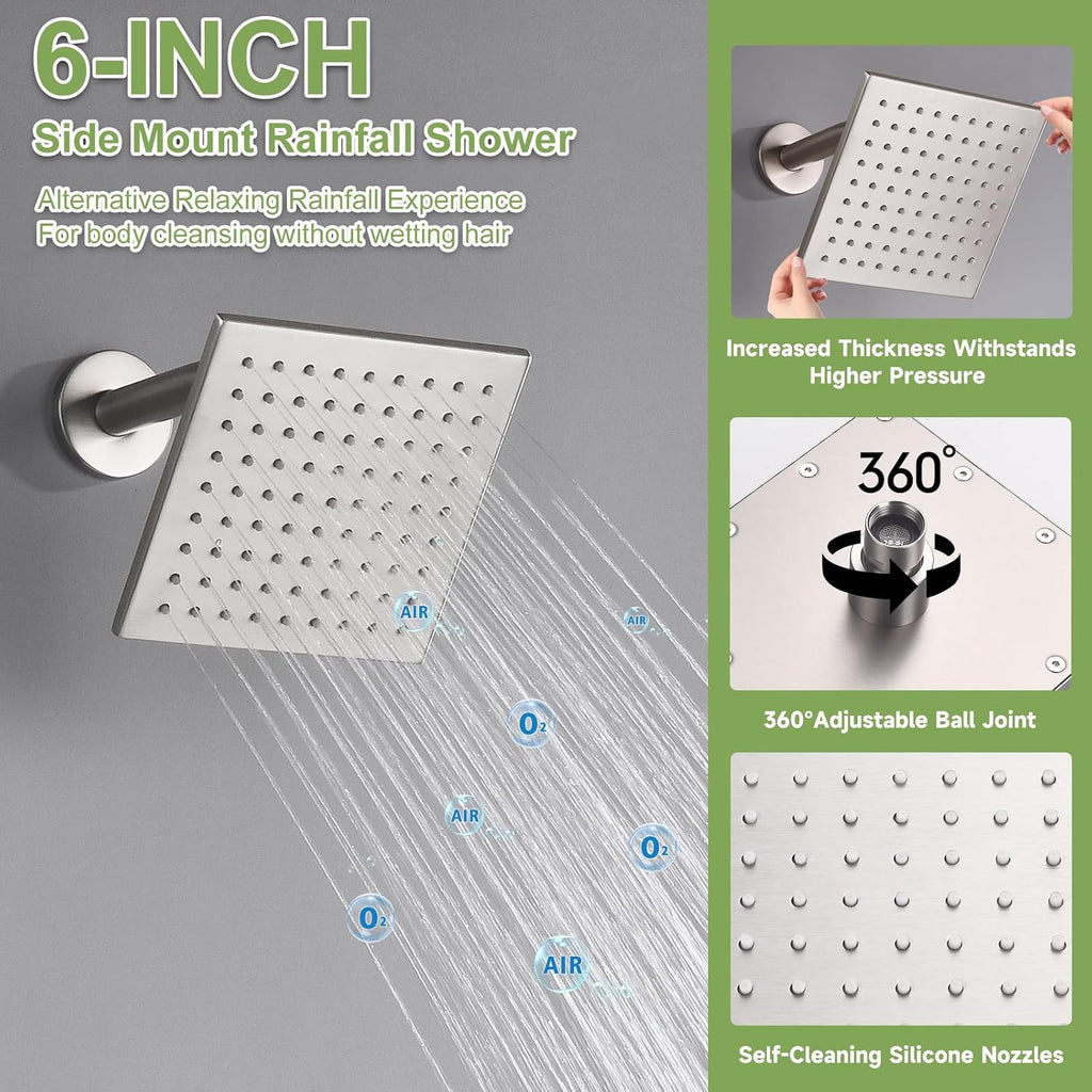 Shower System Brushed Nickel Dual Shower Head with Body Jets, Oupukle Four Modes Shower Faucet Set Ceiling Mount 12' Rain Shower Head & 6' Wall Mounted Head with 6PCS Body Jets