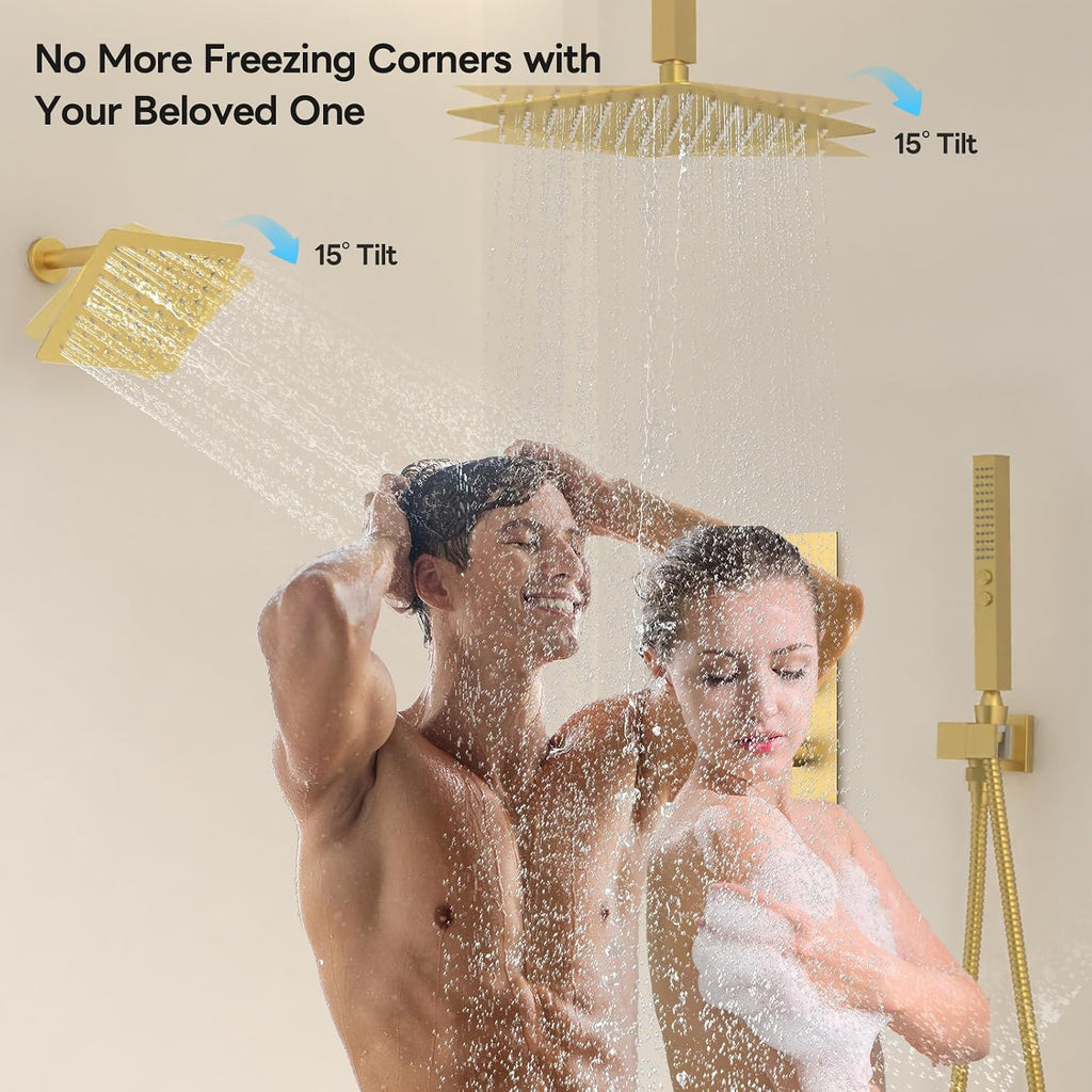 Thermostatic Dual Shower System Brushed Gold,Push Button Diverter Rainfall Shower Faucet Set with 2 in 1 Handheld Spray,12'' Ceiling Mount and 6'' Wall Mount Rainfall Shower System
