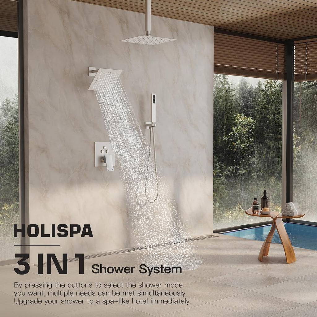 Shower System, Shower Faucet Set with 3 In 1 Push Button Valve, Shower Faucet included 10' Ceiling Shower Head and 8' Wall-Mount Shower Head with Handheld Spray, Brushed Nickel