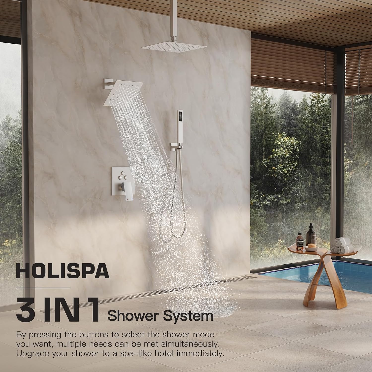 Shower System, Shower Faucet Set with 3 In 1 Push Button Valve, Shower Faucet included 10' Ceiling Shower Head and 8' Wall-Mount Shower Head with Handheld Spray, Brushed Nickel