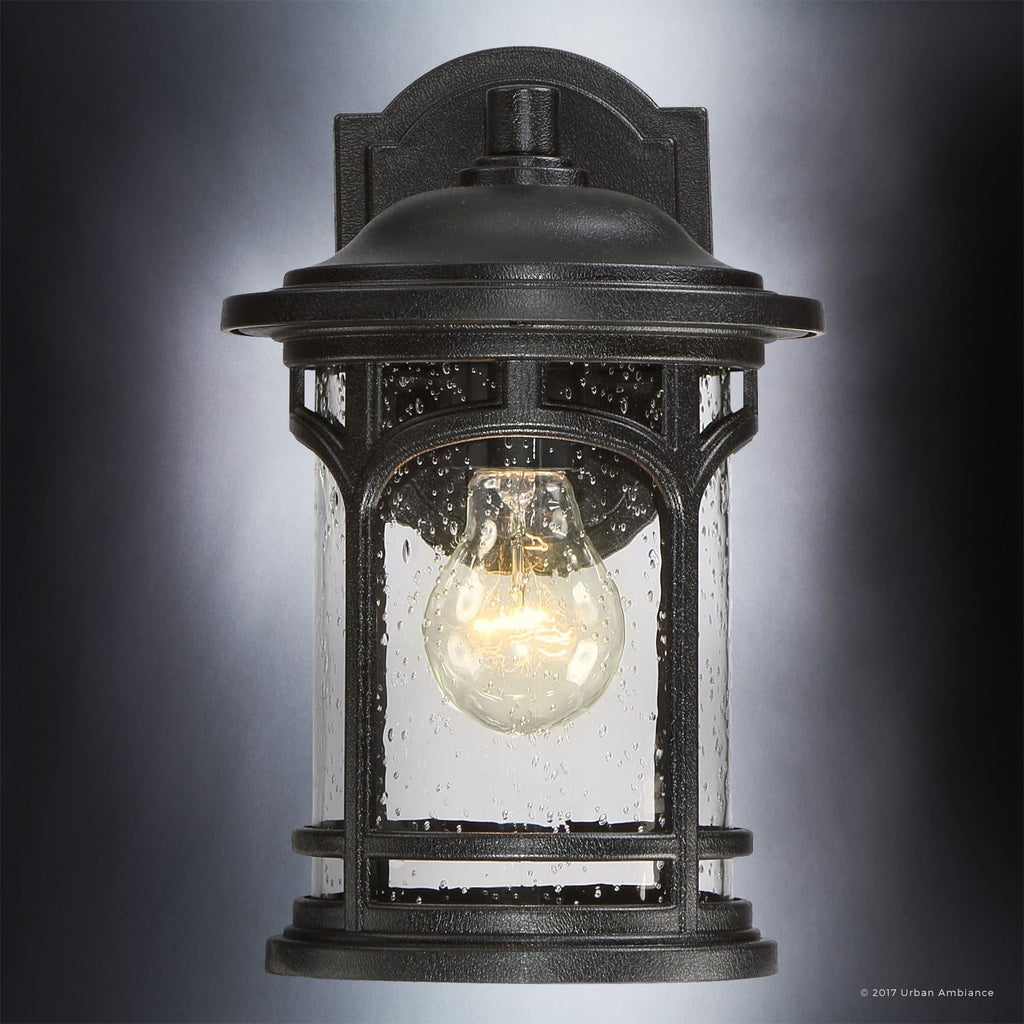 Urban Ambiance Luxury Rustic Outdoor Wall Light, Small Size: 11' H x 7' W, with Colonial Style Elements, Wrought Iron Design, High-End Black Silk Finish and Seeded Glass, UQL1100