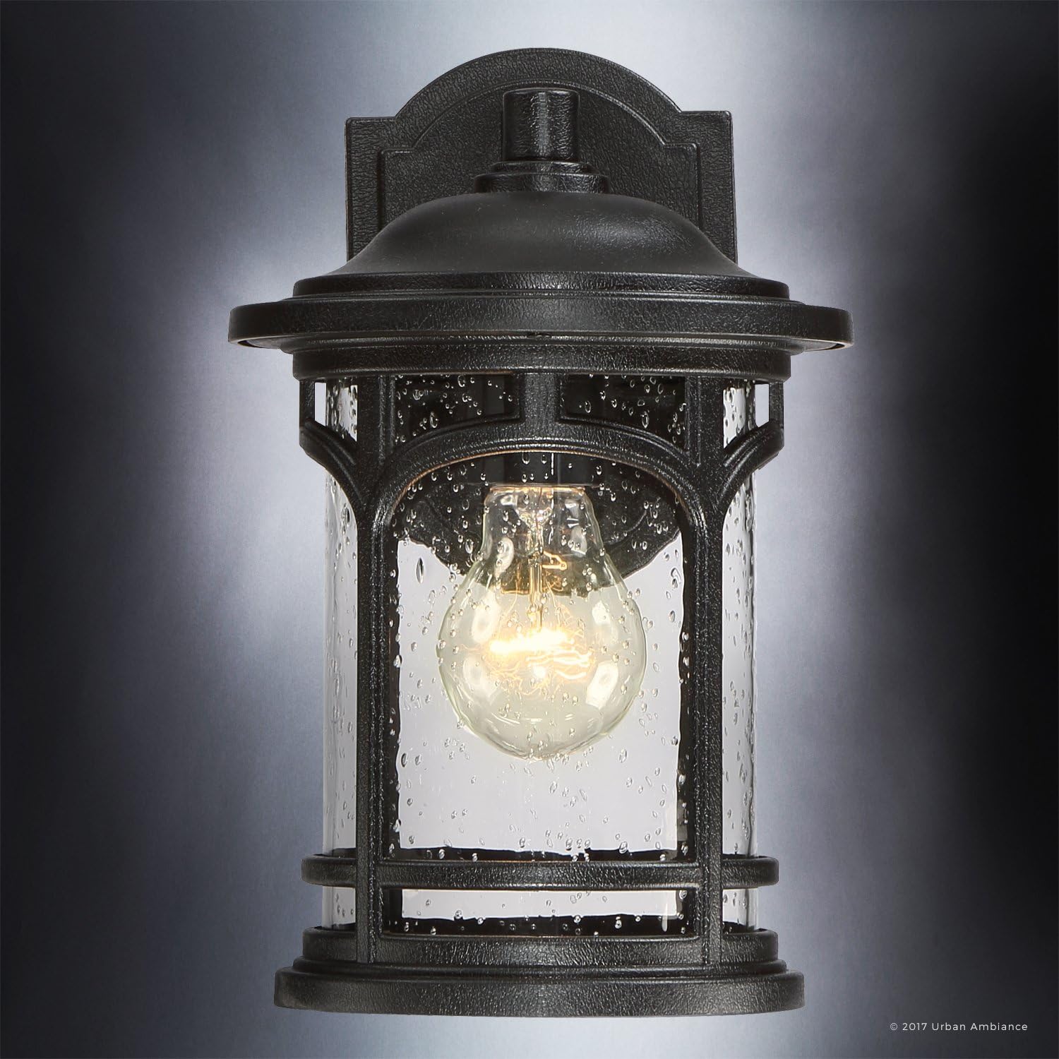 Urban Ambiance Luxury Rustic Outdoor Wall Light, Small Size: 11' H x 7' W, with Colonial Style Elements, Wrought Iron Design, High-End Black Silk Finish and Seeded Glass, UQL1100