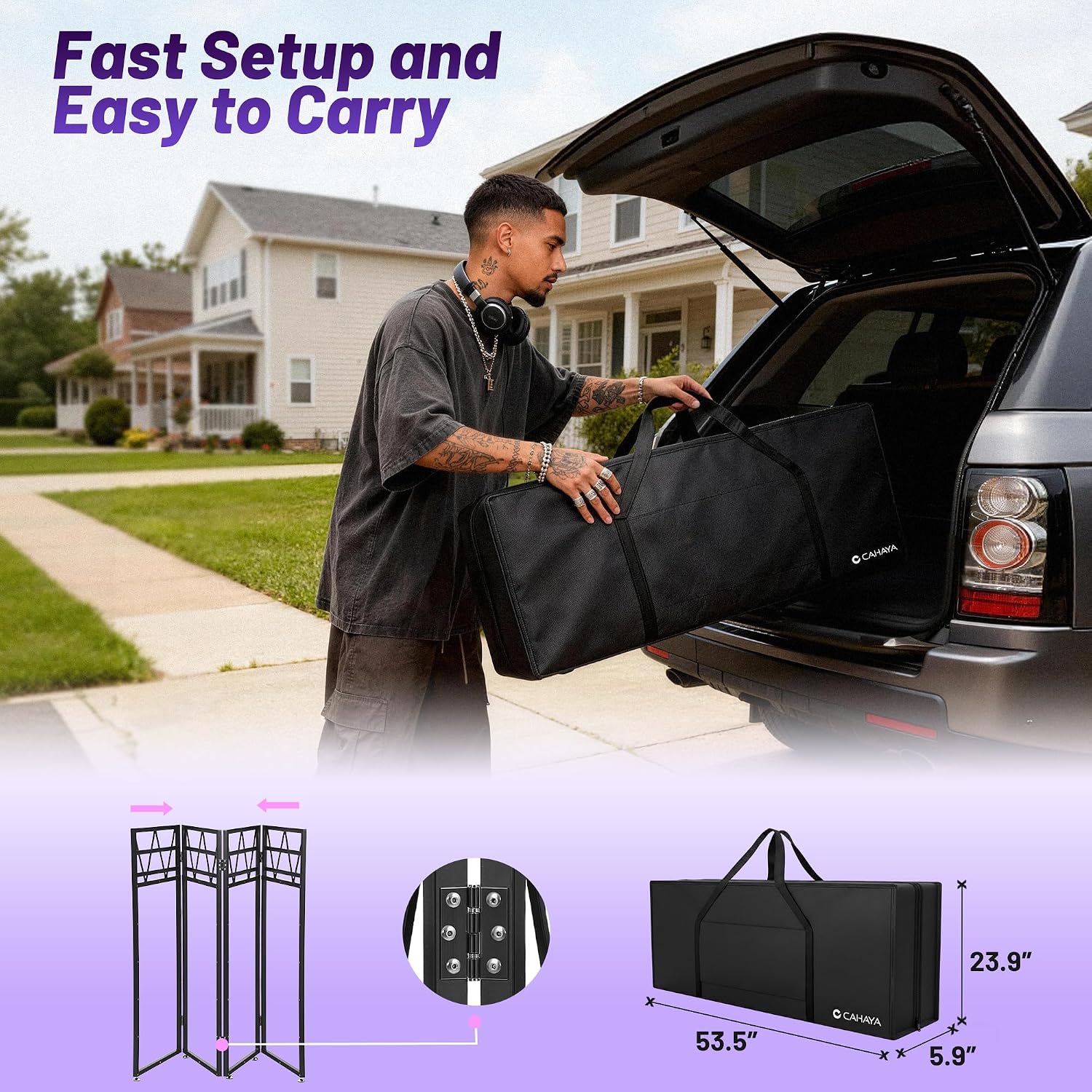 CAHAYA DJ Booth Stand Portable - DJ Table Facade for Laptop Double Top Storage Height Adjustable with Black & White Scrims DJ Stand Foldable with Storage Bag, Cable Holes, 40.7' L x 19.7' W, Black