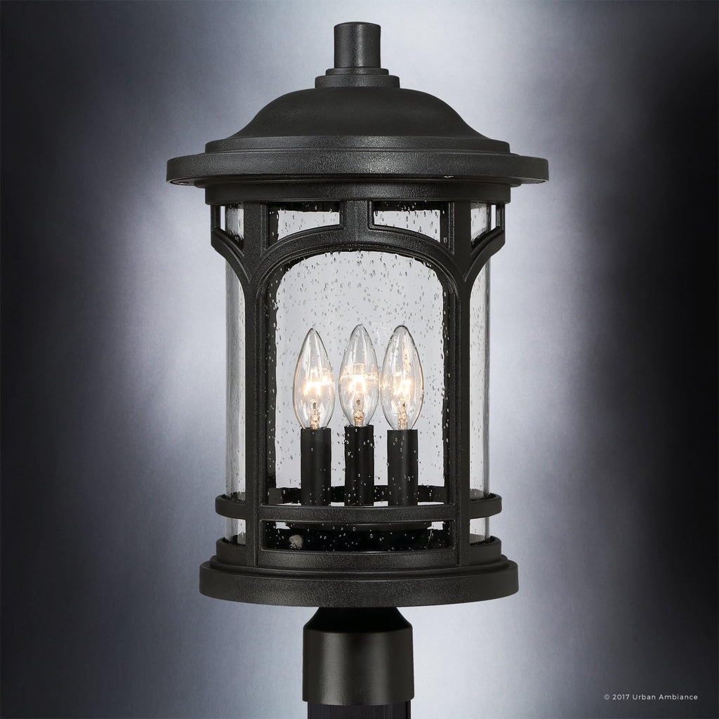 Urban Ambiance Luxury Rustic Outdoor Post Light, Medium Size: 19' H x 11' W, with Colonial Style Elements, Wrought Iron Design, High-End Black Silk Finish and Seeded Glass, UQL1106
