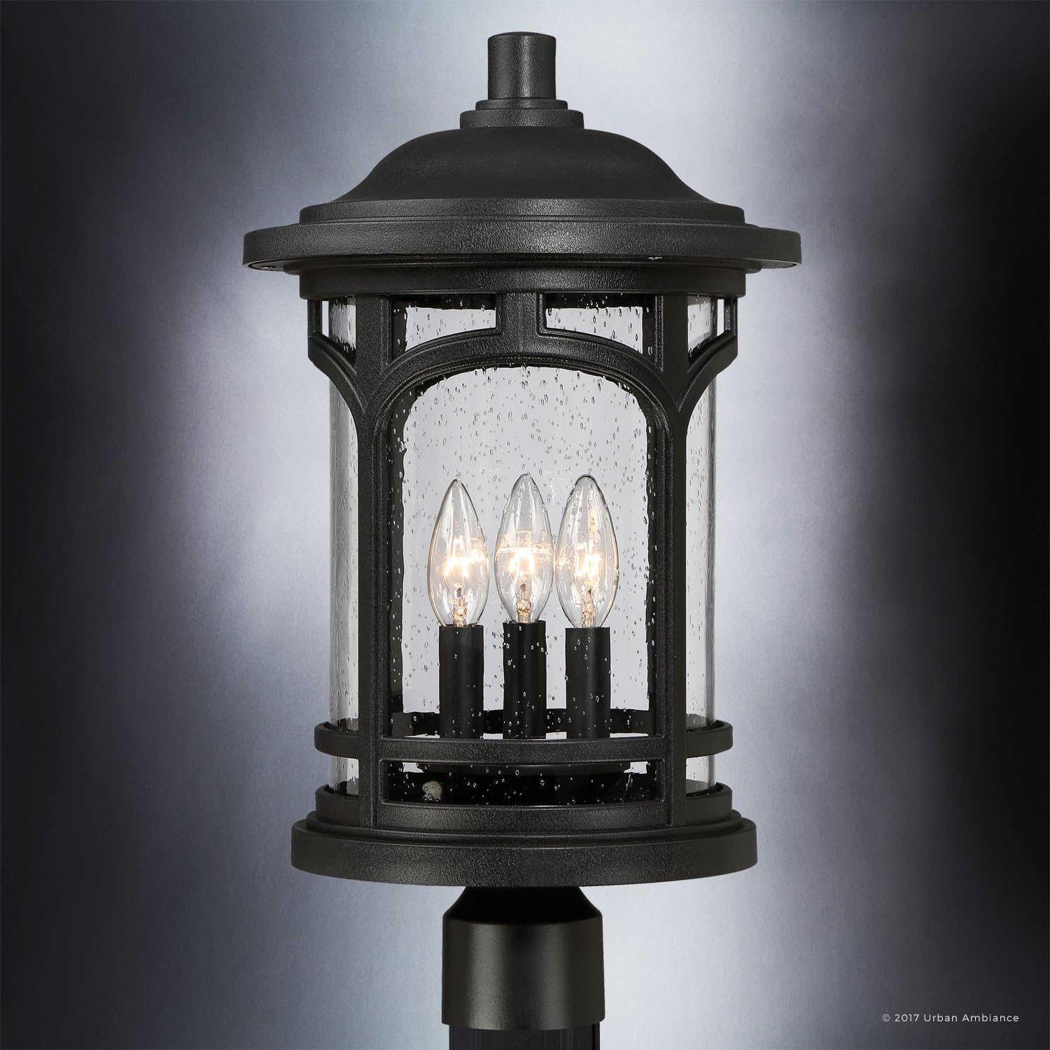 Urban Ambiance Luxury Rustic Outdoor Post Light, Medium Size: 19' H x 11' W, with Colonial Style Elements, Wrought Iron Design, High-End Black Silk Finish and Seeded Glass, UQL1106