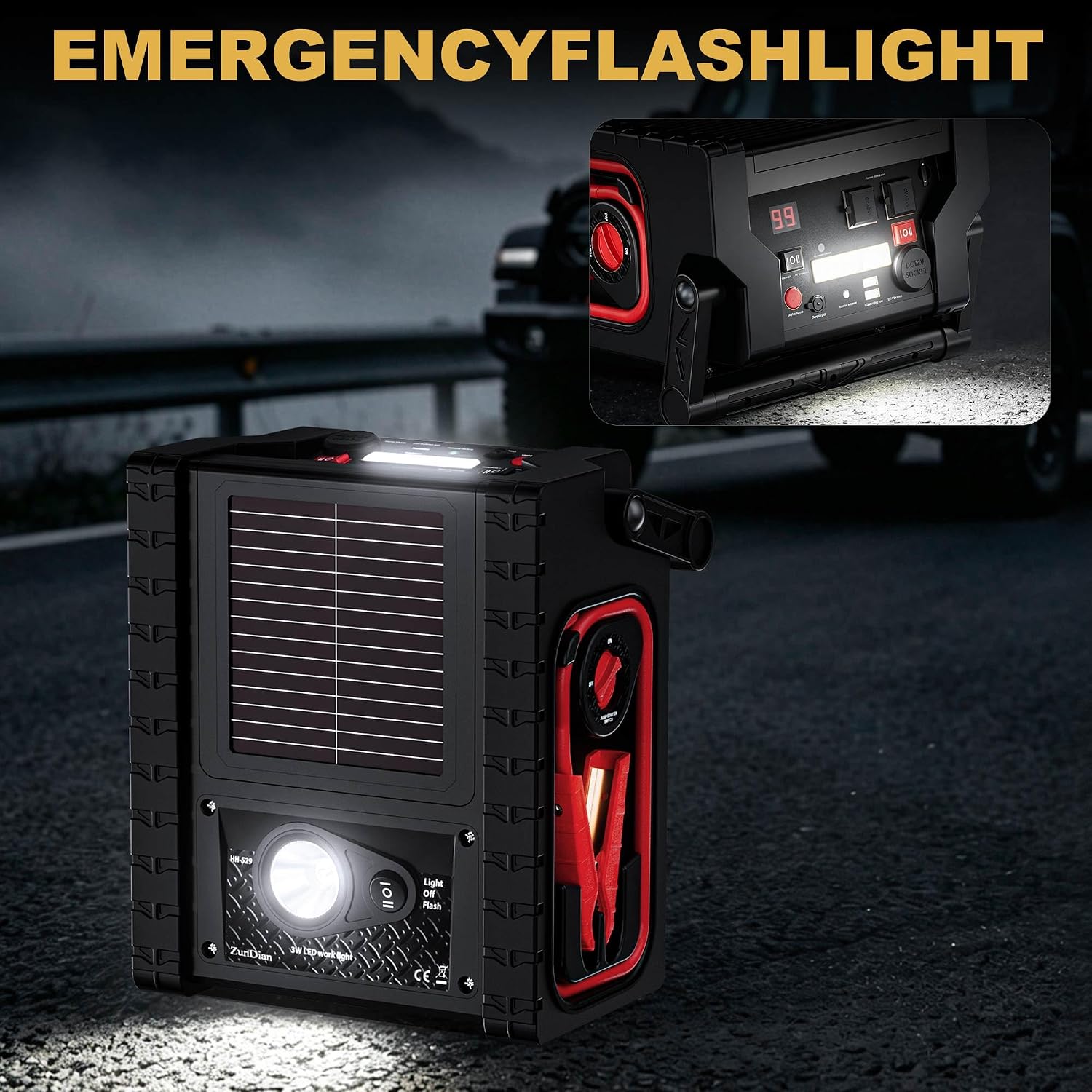 2000A Car Battery Jump Starter with Air Compressor 12V Battery Jumper Box Car Start Booster Up to 10L Gas/8L Diesel Engines with 400W AC Inverter, LED Light