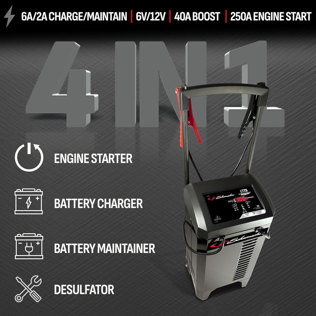Schumacher Electric Wheeled Automatic 6A Car Battery Charger and 250A Engine Starter, 6-in-1 Solution, Maintainer, 40A Boost, for 6V/12V Power Sport, Automotive, and Marine Batteries, SC1325