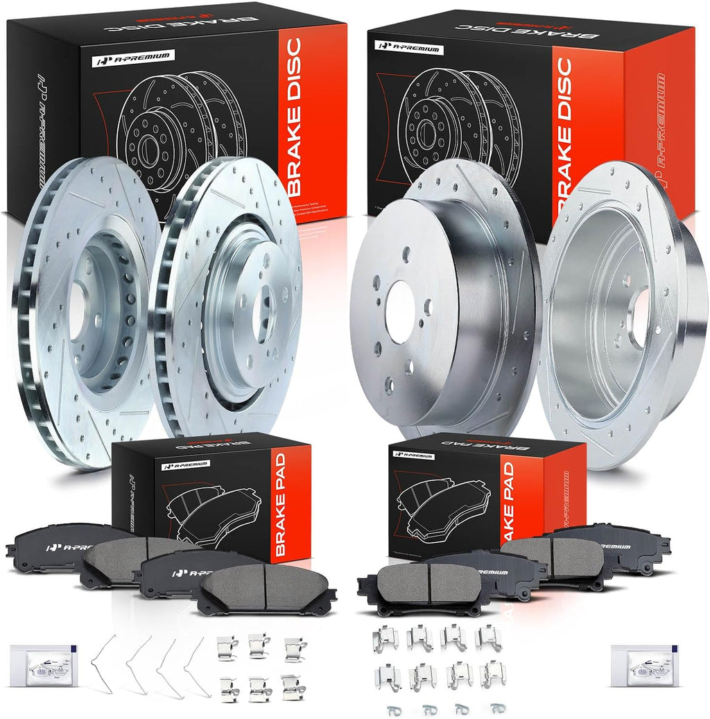 A-Premium Front & Rear Drilled and Slotted Disc Brake Rotors + Ceramic Pads Kit Compatible with Select Lexus and Toyota Models - RX350/RX450H 2010-2015, Highlander 2014-2019, Sienna 2011-2020, 12-PC