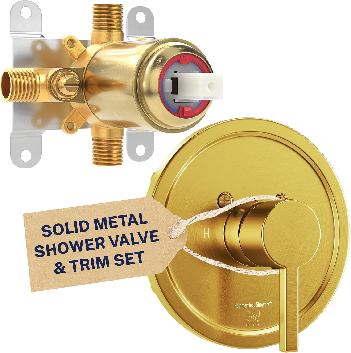 HammerHead Showers Solid Metal Single-Handle Trim Kit with Rough-In Shower Valve, Volume and Temperature Control, Pressure Balance, Brushed Gold