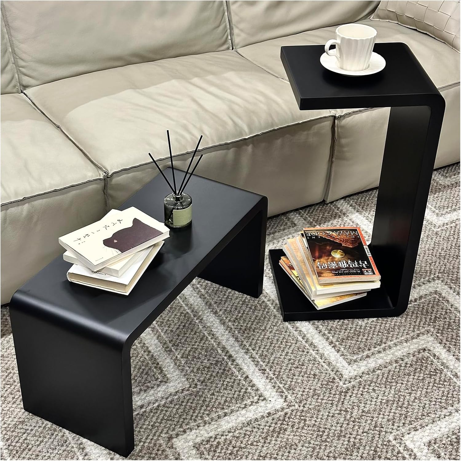 Solid Wood End Table for Couch, C Shaped Mini Sofa Side Table for Small Narrow Spaces, Wooden Nightstand for Living Room Bedroom Laptop Work Desk, Bedside Table for Office Balcony (1, black large)