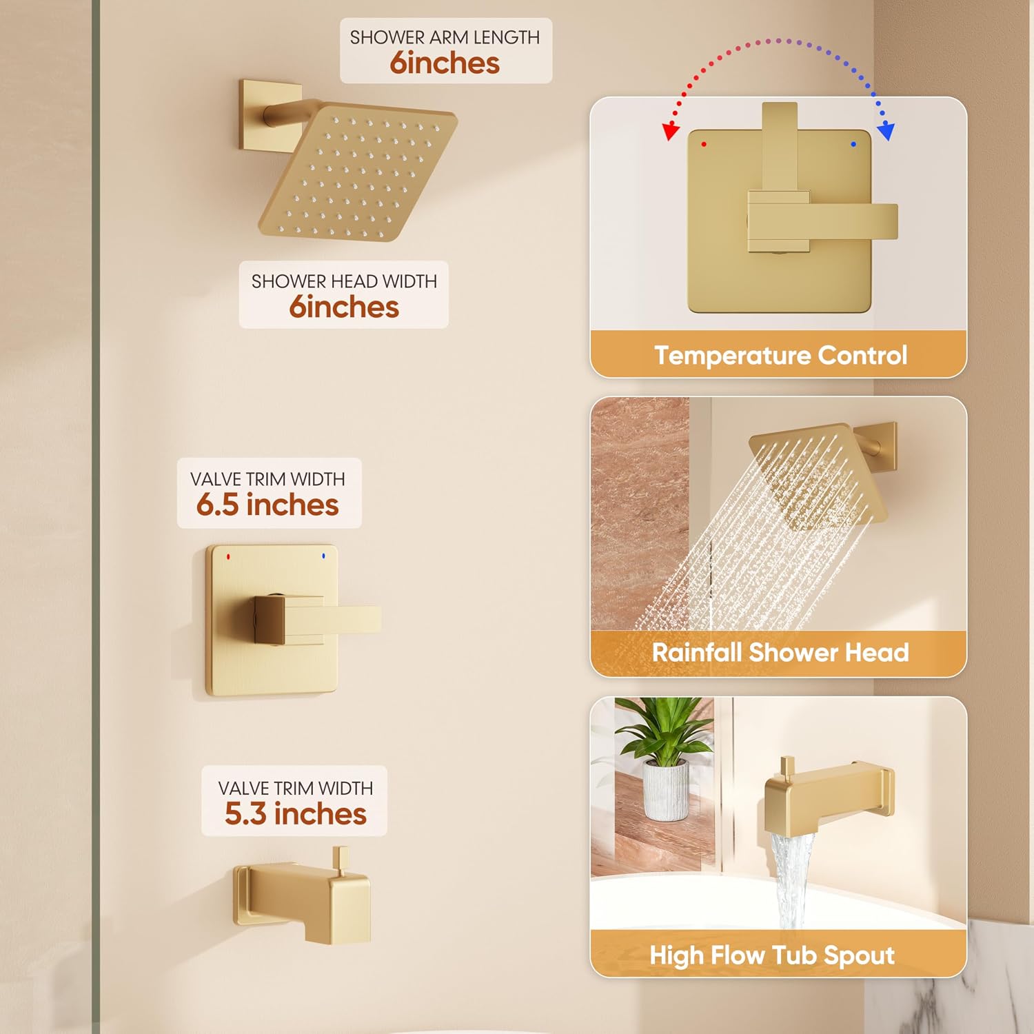 Replacement for Delta Shower Trim Kit 14 Series, All Metal Tub Shower Faucet Set, 6-Inch Gold Shower Head and Handle Set(Valve/Cartridge Not Included)