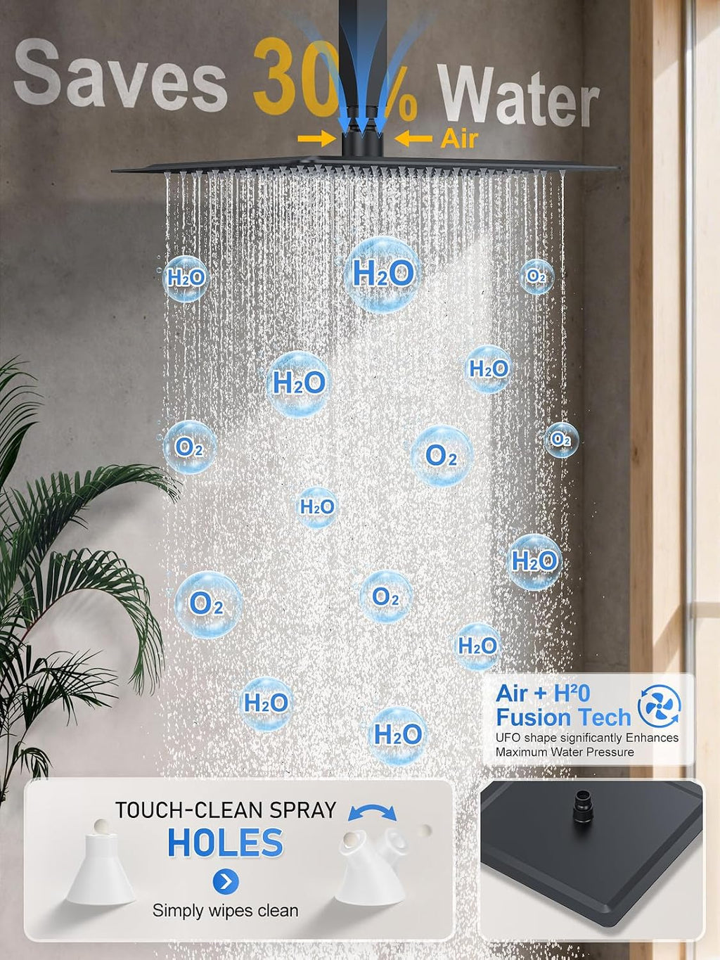 Woindo Shower Faucet Set, 10' Ceiling Mount Rainfall Shower System with 2 Rain Shower Head and Multi-function Handheld Head Push Button Diverter Shower Faucet Trim Kit