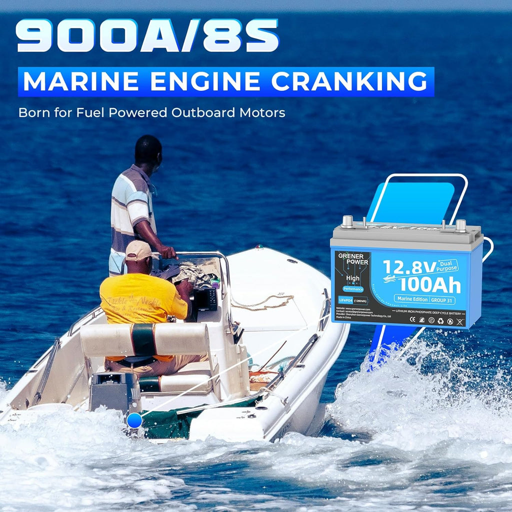 12.8V100Ah Group 31 Dual Purpose LiFePO4 Battery, Built-in 200A BMS, IP66 Waterproof, and Max. 900A Marine Cranking Starting Lithium Battery, Up to 4P4S for Outboard Motors, Boat, RV, Home