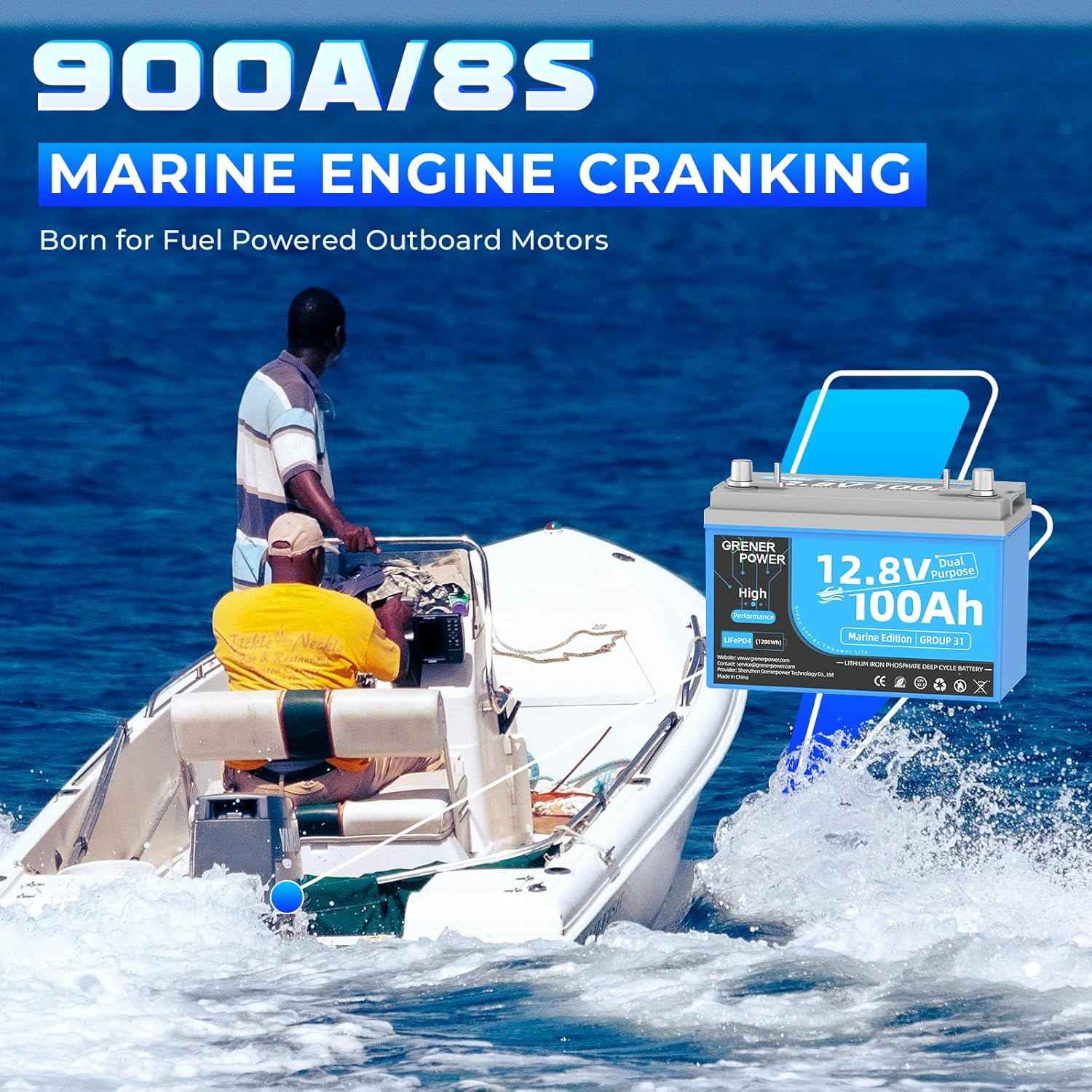 12.8V100Ah Group 31 Dual Purpose LiFePO4 Battery, Built-in 200A BMS, IP66 Waterproof, and Max. 900A Marine Cranking Starting Lithium Battery, Up to 4P4S for Outboard Motors, Boat, RV, Home