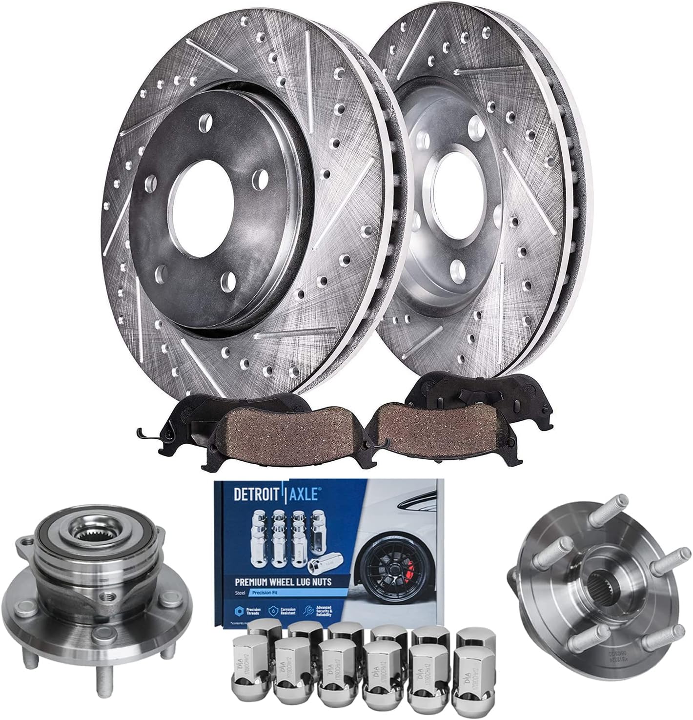 Detroit Axle - Front Brake Kit for Jeep 2015-2020 Grand Cherokee 2011-2020 Dodge Durango, Drilled Disc Brake Rotors Brake Pads Wheel Bearing Hubs Wheel Lug Nuts Replacement : 13.78'' inch Rotor