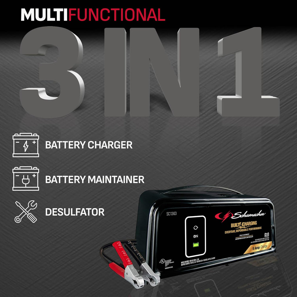 Schumacher Electric 8A Car Battery Charger and Maintainer, 3-in-1 Solution, for 6V/12V Power Sport, Automotive, and Marine Batteries, SC1363 (Pack of 2)