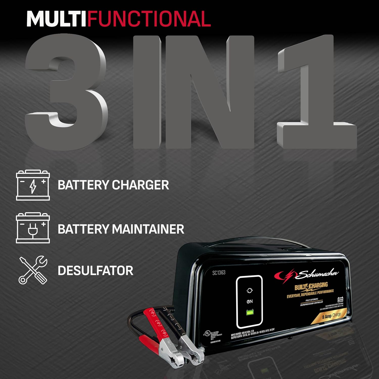 Schumacher Electric 8A Car Battery Charger and Maintainer, 3-in-1 Solution, for 6V/12V Power Sport, Automotive, and Marine Batteries, SC1363 (Pack of 2)