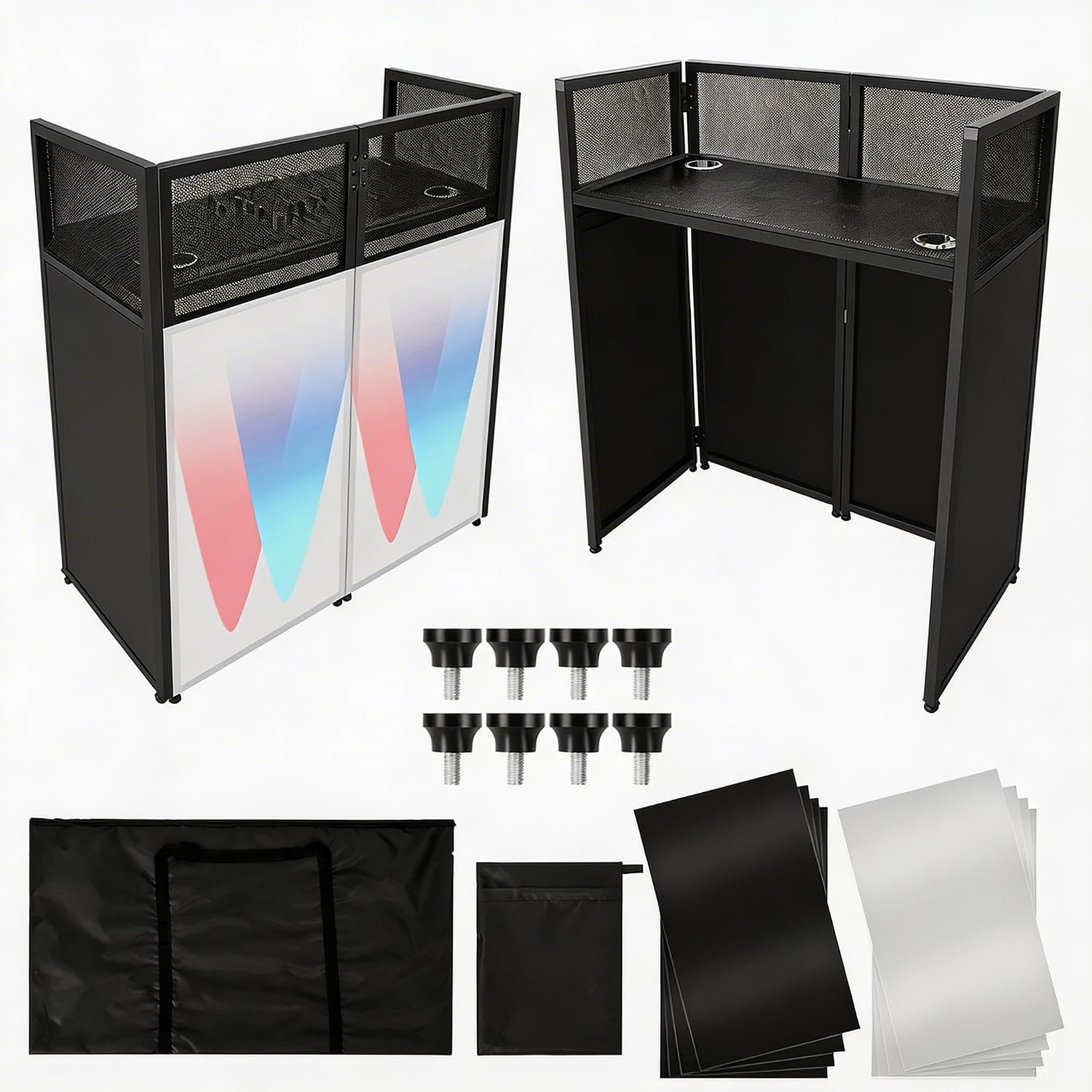 Portable DJ Facade Booth, Foldable DJ Table Station With White & Black Lighting Scrim,50'L x48' Hx 25'W DJ Stand Booth,With Adjustable DJ Event Facade Feet for Party, Black Metal Frame (52x 43.2 x 26)