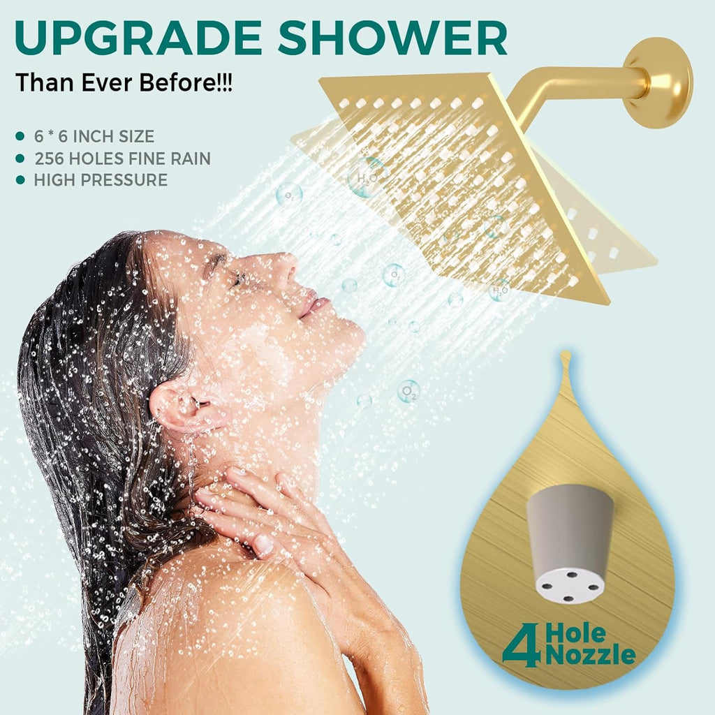 Brushed Gold Dual Heads Shower Faucets Set Thermostatic Shower System, 4-Way Shower Fixture 14X20' LED Rainfall Shower Head with 6inch Wall Mount Showerhead, Dual-mode Handheld, 4 Jets with Shut-Off