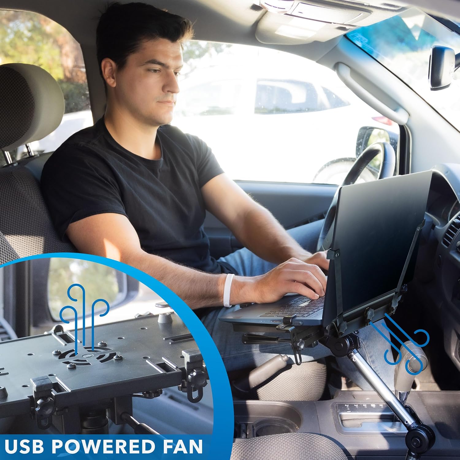 Mount-It! Car Laptop Mount, No-Drill Passenger Seat Vehicle Stand for Up to 17″ Laptops & Tablets, Full Motion with Lockable Joints & USB Cooling Fan