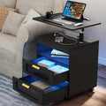 Height Adjustable Nightstand with Charging Station - Swivel Top Bedside Table with LED Lights, Auto Sensor Smart End Table, Dorm Rolling Side Table Laptop Workstaion with Wheels for Bedroom (Black)