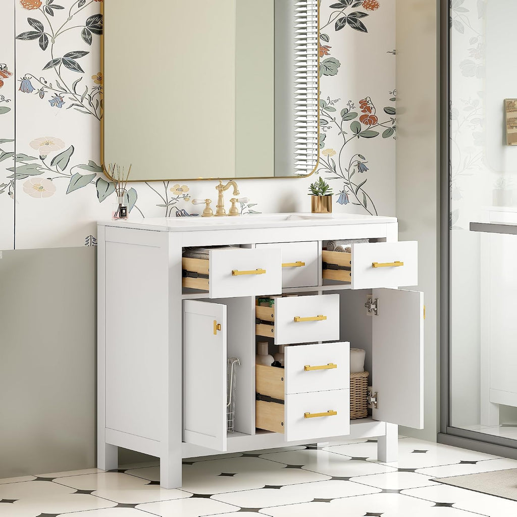 Virubi 36' Bathroom Vanities with Single Sink Set, Bathroom Storage Cabinet with 4 Drawers and 2 Soft Closing Doors, Solid Wood Frame Bathroom Sink Vanities (White)