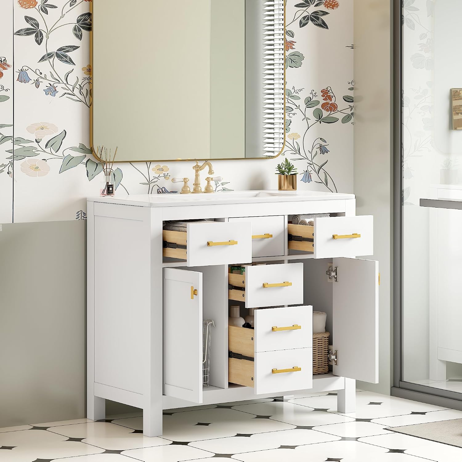 Virubi 36' Bathroom Vanities with Single Sink Set, Bathroom Storage Cabinet with 4 Drawers and 2 Soft Closing Doors, Solid Wood Frame Bathroom Sink Vanities (White)
