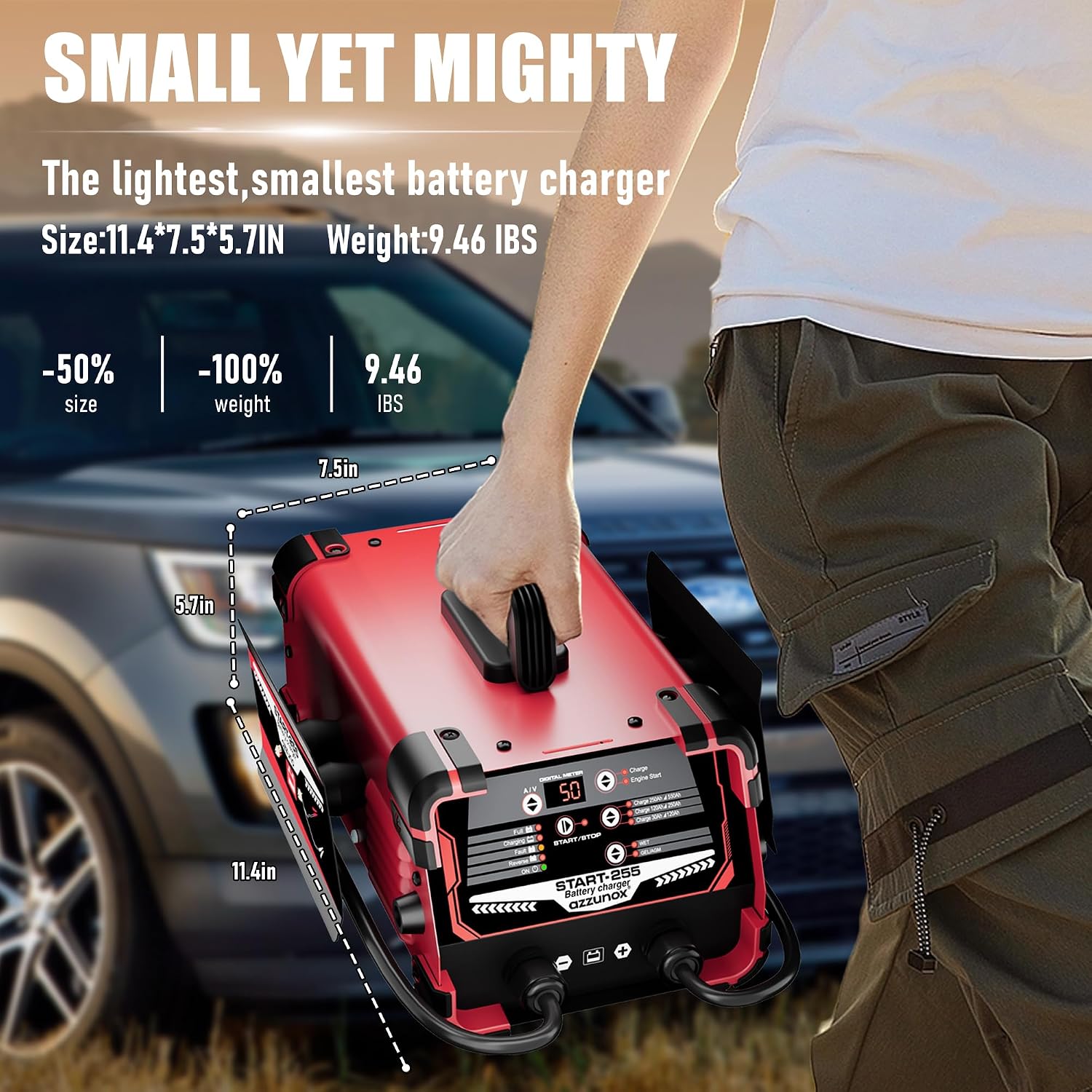 12V 24V Car Battery Charger & Engine Starter, 0-50A Automatic Battery Maintainer, 250 Cranking Amps, Jump Starter & Smart Trickle Charger, for Standard, AGM, Gel & Deep-Cycle Batteries