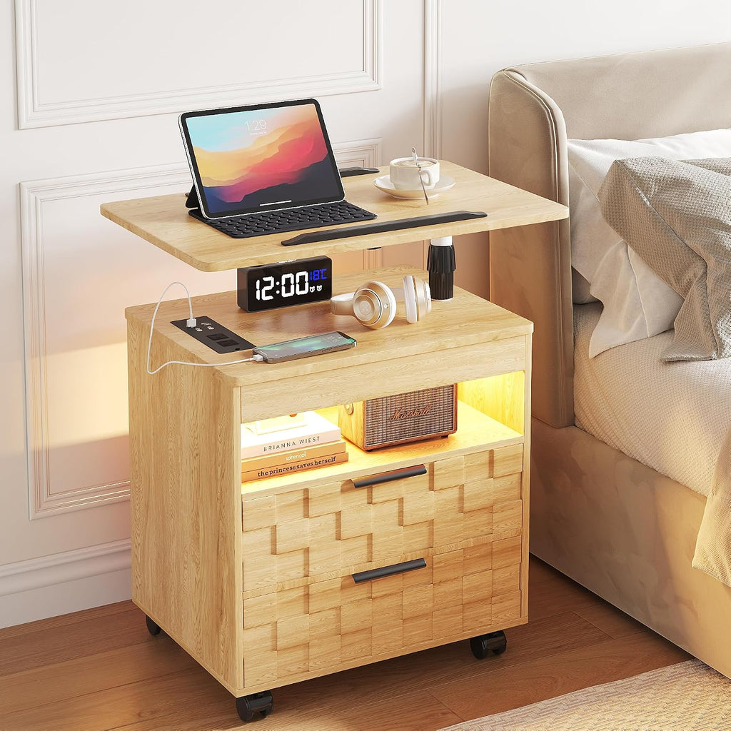 Lareth Height Adjustable Nightstand with Charging Station, LED Bedside Table 2 Drawers, Smart Wooden End Table Dorm Rolling Side Table Laptop Workstaion with Wheels for Bedroom, Natural