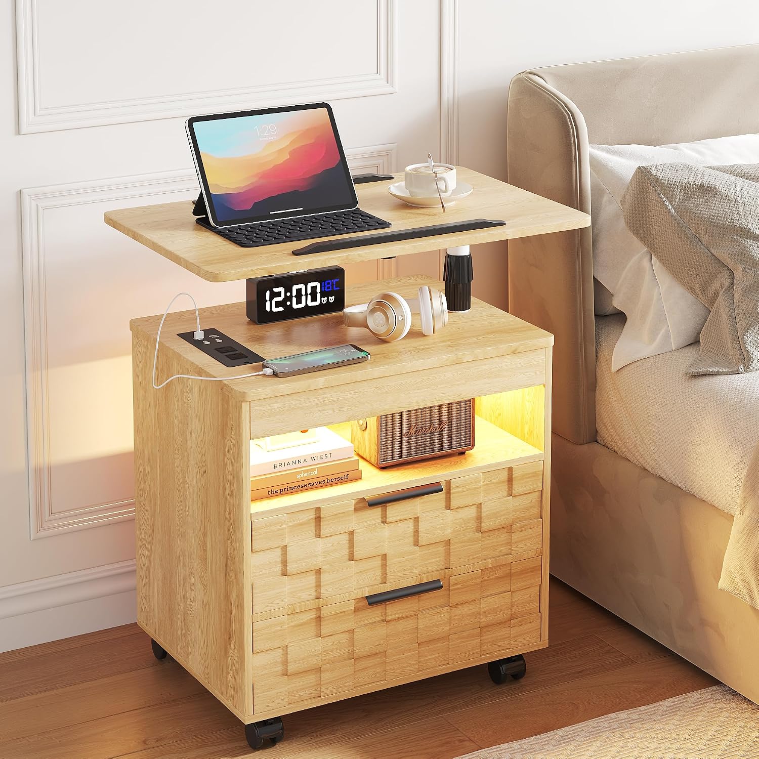Lareth Height Adjustable Nightstand with Charging Station, LED Bedside Table 2 Drawers, Smart Wooden End Table Dorm Rolling Side Table Laptop Workstaion with Wheels for Bedroom, Natural